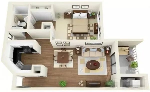 单身公寓一室一厅全景3D装修效果图！