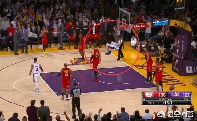 湖人胜老鹰，詹姆斯扣篮绝杀后身体挂在篮筐上长达5秒，为什么没被吹技术犯规？