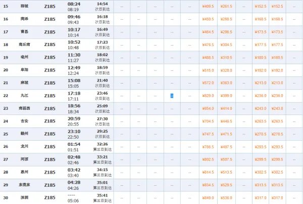 T185次列车时刻表