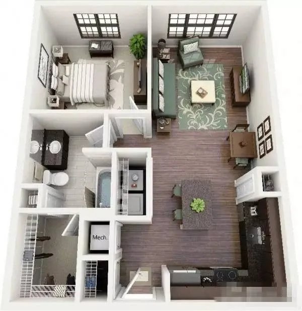 单身公寓一室一厅全景3D装修效果图！