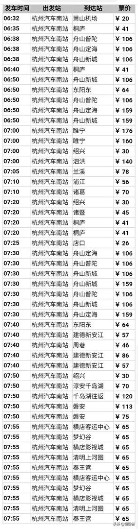杭州汽车南站时刻表？